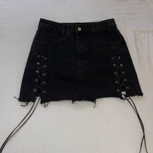 Washed Black Denim skirt with Laced  thigh front splits